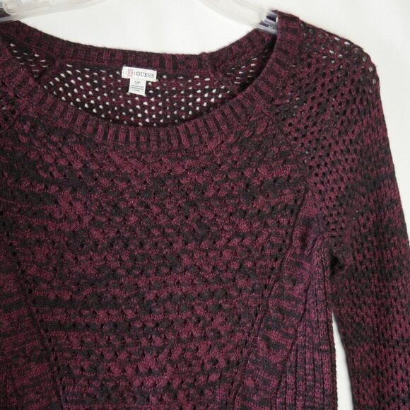 Guess Women S/P Red Heather Open Stitch Long Sleeve Scoop Neck Sweater Pullover - Picture 2 of 13